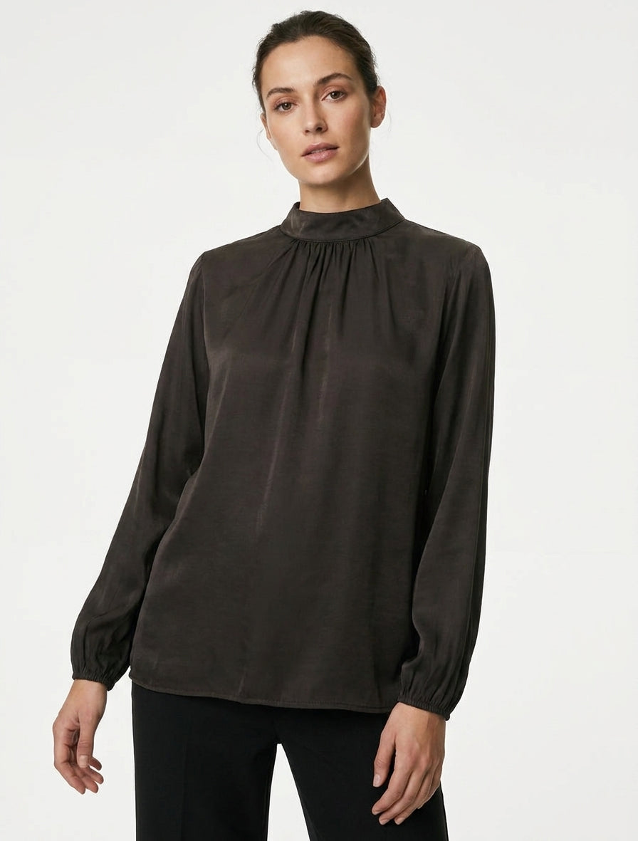 Satinbluse mit elastischen Bündchen - Braun
