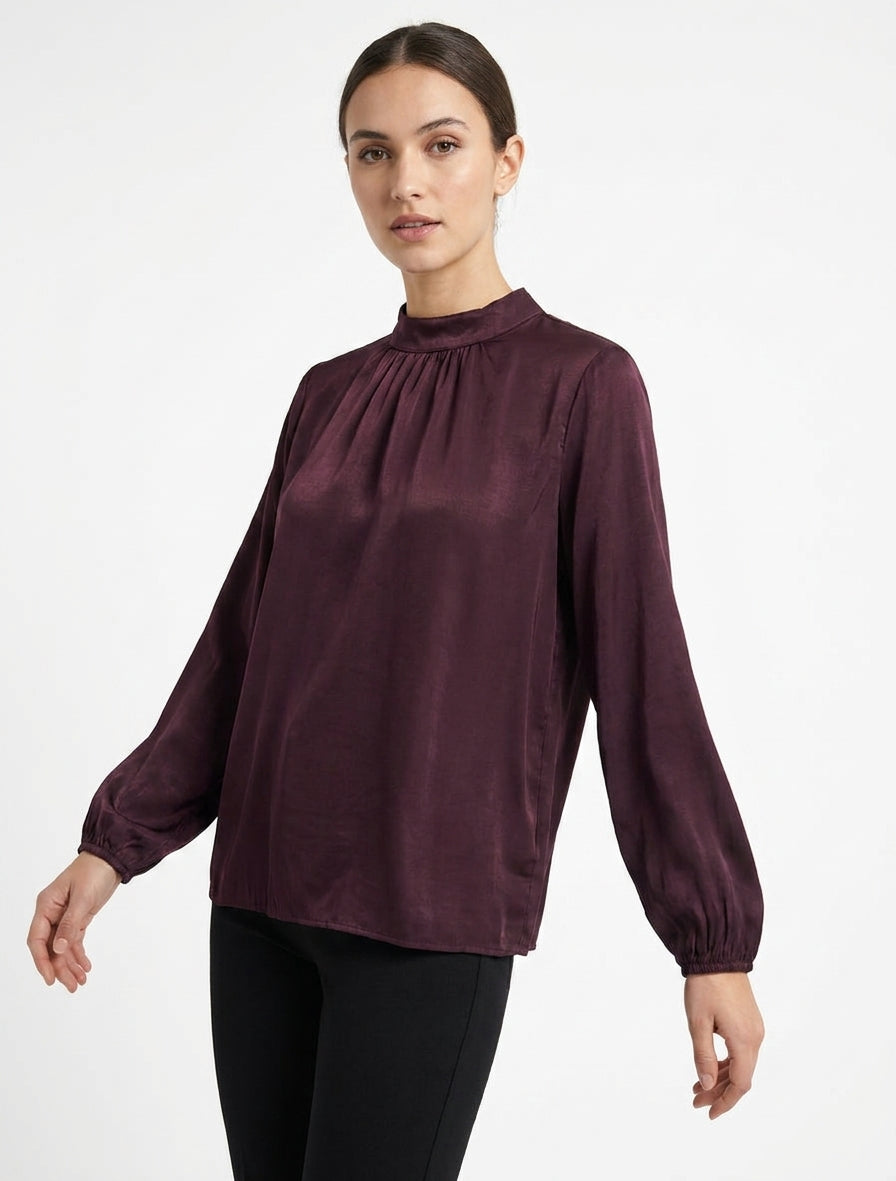 Satinbluse mit elastischen Bündchen - Pflaume