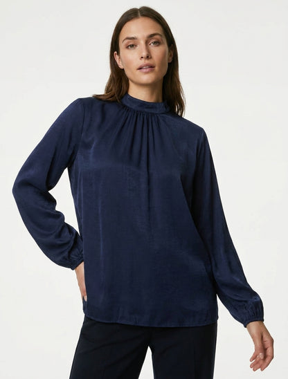 Satinbluse mit elastischen Bündchen - Marine