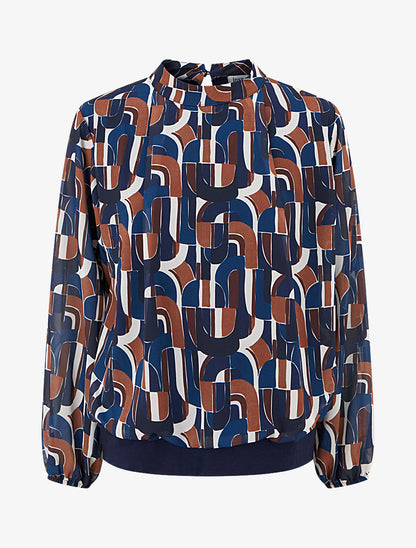 Blouse imprimé rétro à poignets élastiqués - Marine - 1