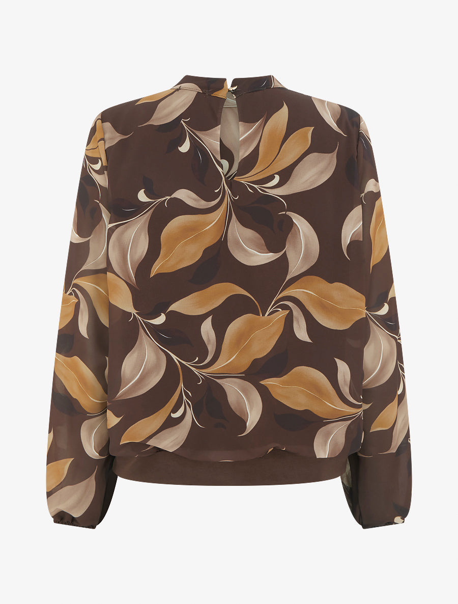 Blouse imprimé feuillage à poignets élastiqués - Marron - 2
