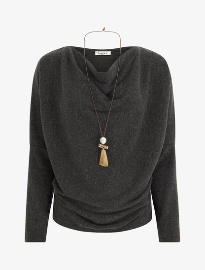 Pull fin à manches chauve-souris et col bénitier - Gris foncé - 1