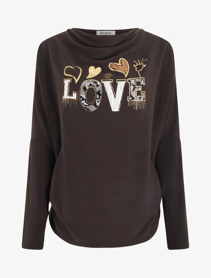 Pull à col bénitier et inscription LOVE - Marron - 1