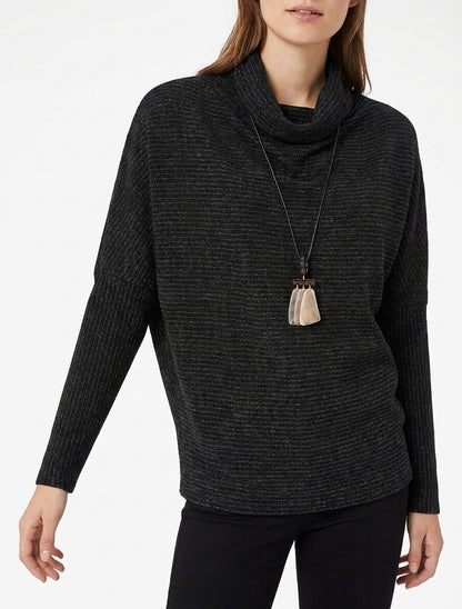 Pullover mit Wasserfallausschnitt und gestreiftem Muster. - Schwarz