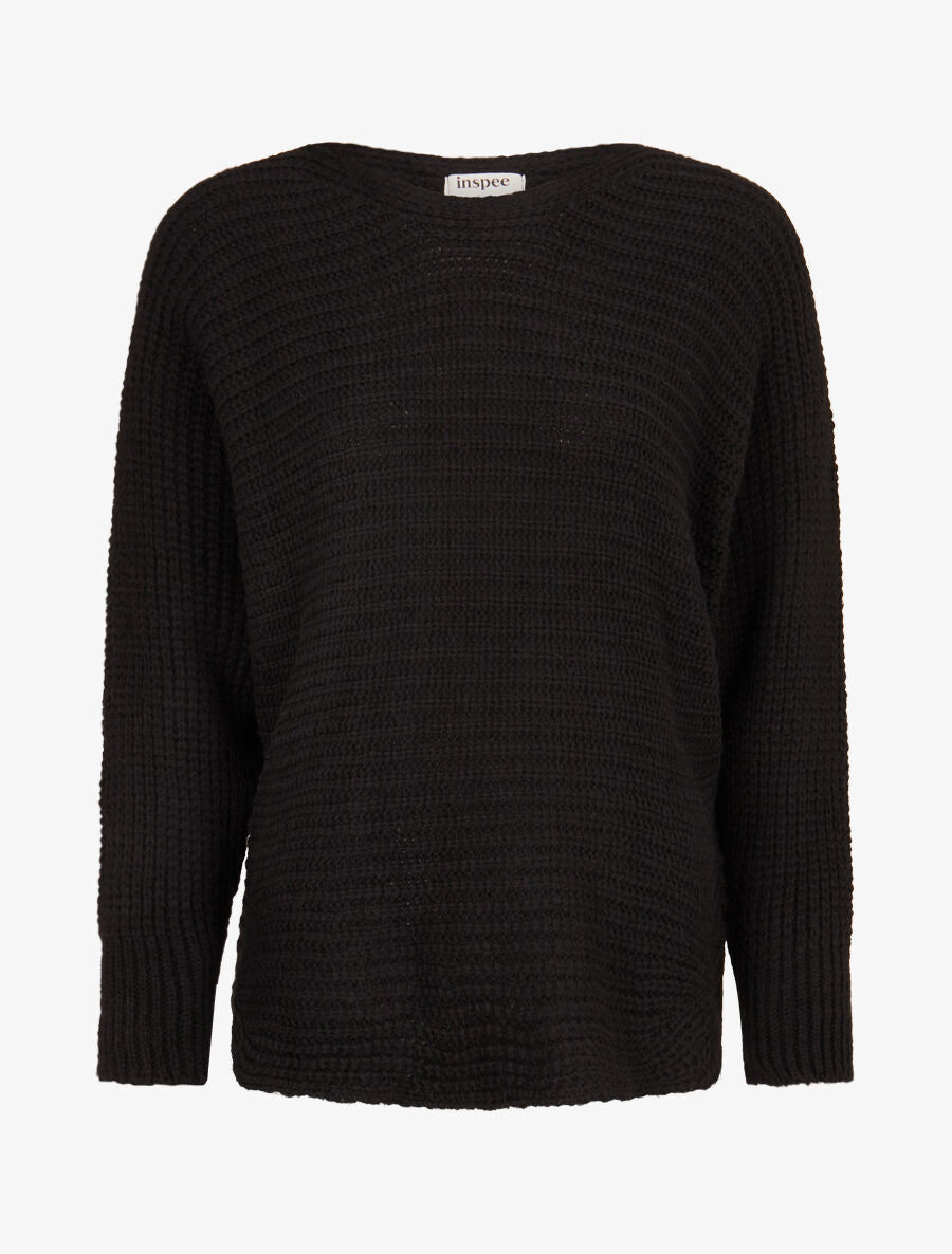 Pull dolman en grosse maille côtelée - Noir - 1