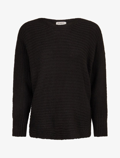 Pull dolman en grosse maille côtelée - Noir - 1