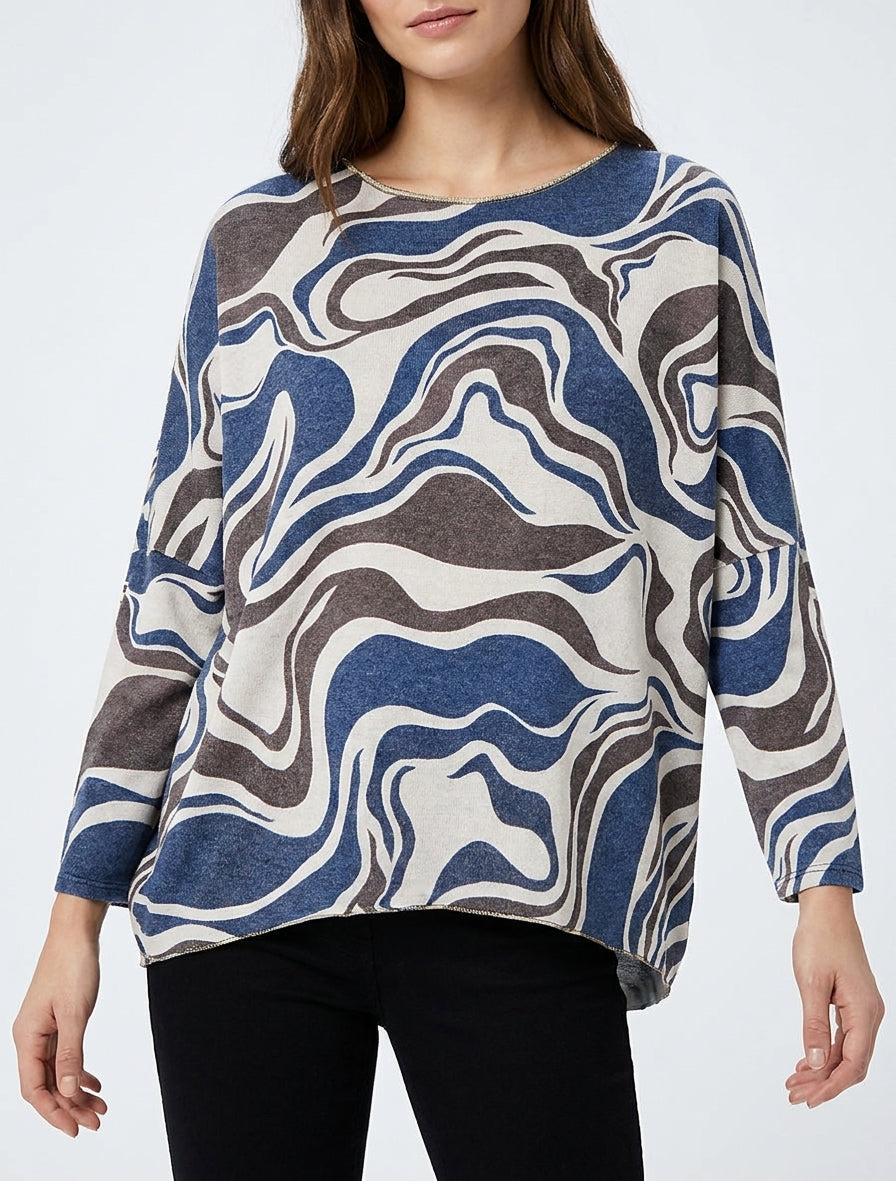 Feiner Pullover mit abstraktem Print und Rundhalsausschnitt - Marine