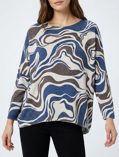 Feiner Pullover mit abstraktem Print und Rundhalsausschnitt - Marine