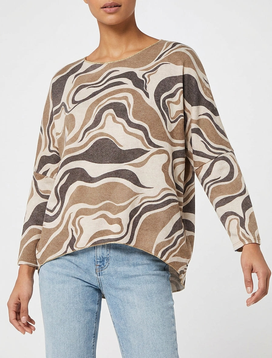 Feiner Pullover mit abstraktem Print und Rundhalsausschnitt - Beige