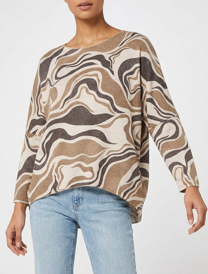 Feiner Pullover mit abstraktem Print und Rundhalsausschnitt - Beige