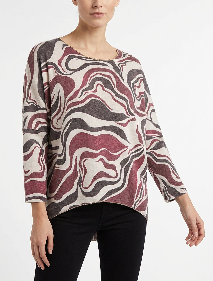 Feiner Pullover mit abstraktem Print und Rundhalsausschnitt - Weinrot