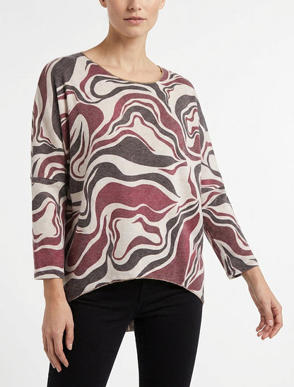 Feiner Pullover mit abstraktem Print und Rundhalsausschnitt - Weinrot