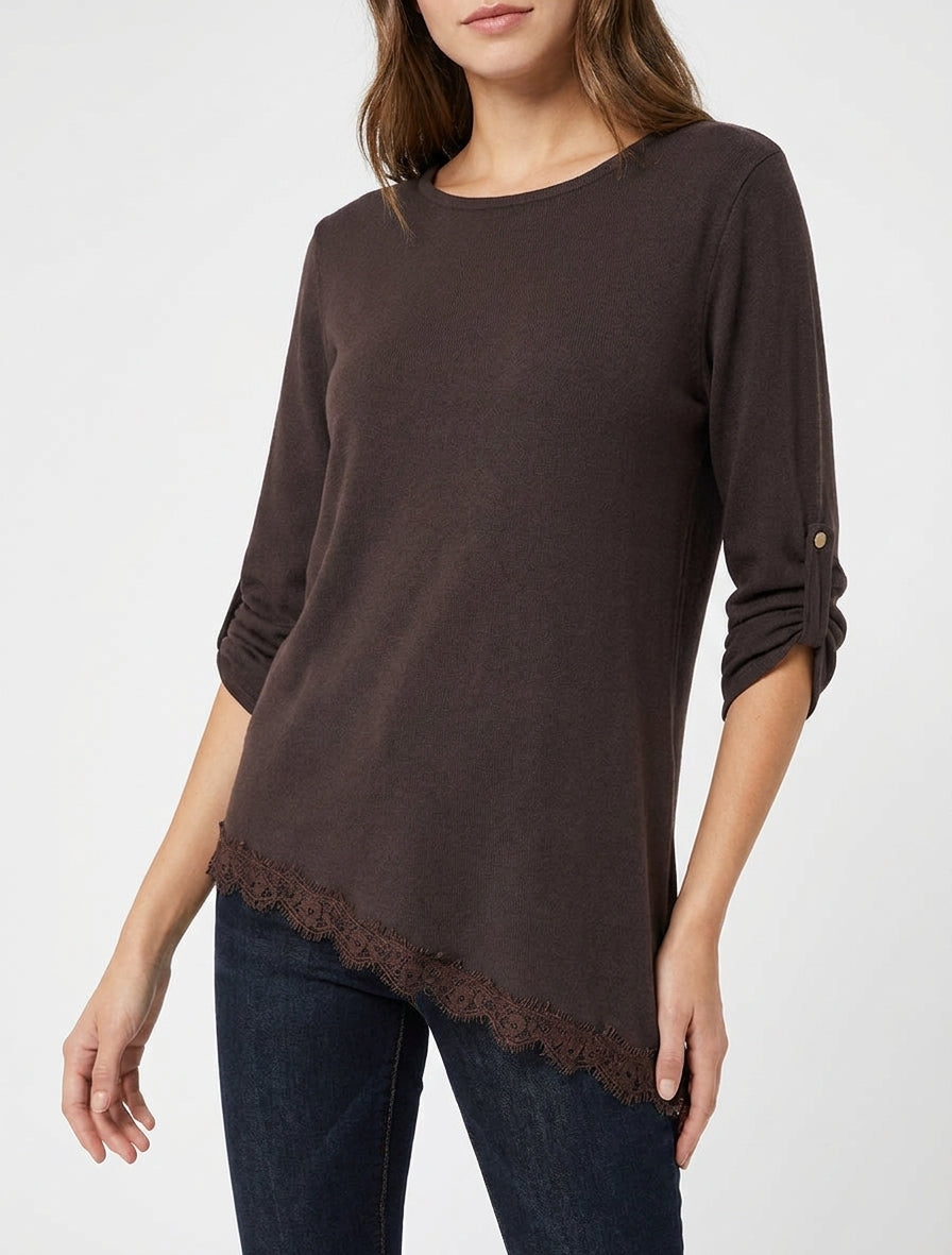 Pullover mit asymmetrischen Kanten und Spitze - Braun