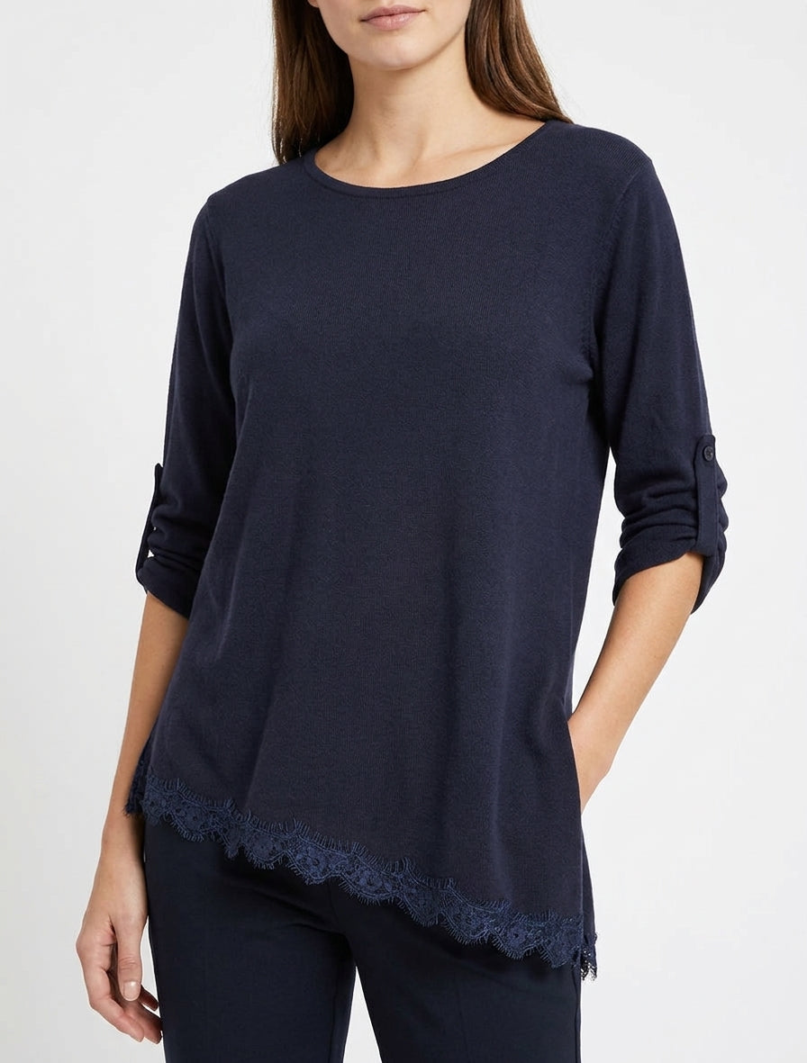 Asymmetrischer Pullover mit Spitzenbesatz - Marine