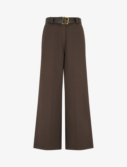 Pantalon ample uni à taille haute élastiquée - Marron - 1