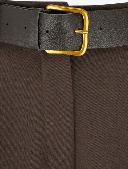 Pantalon ample uni à taille haute élastiquée - Marron - 3