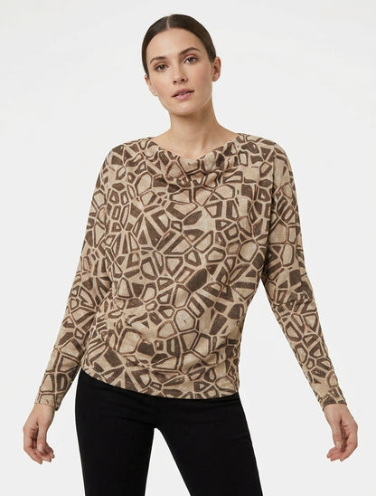 Irisierendes Top mit Wasserfallausschnitt und grafischem Print - Braun
