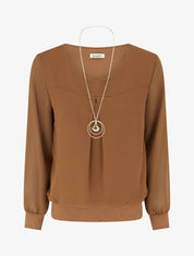 Top boule en voile à col rond et manches longues - Camel - 1
