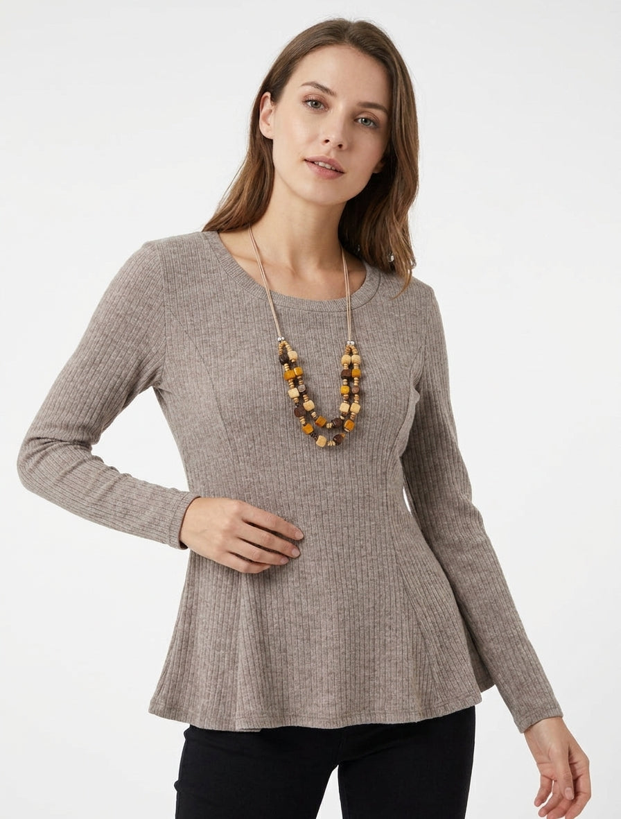Gerippter Pullover mit ausgestelltem Schnitt und Rundhalsausschnitt - Maulwurf