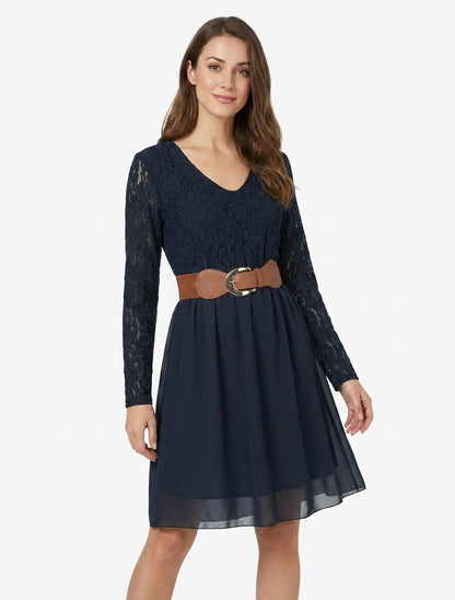 Ausgestelltes Kleid mit Spitzenoberteil - Marine