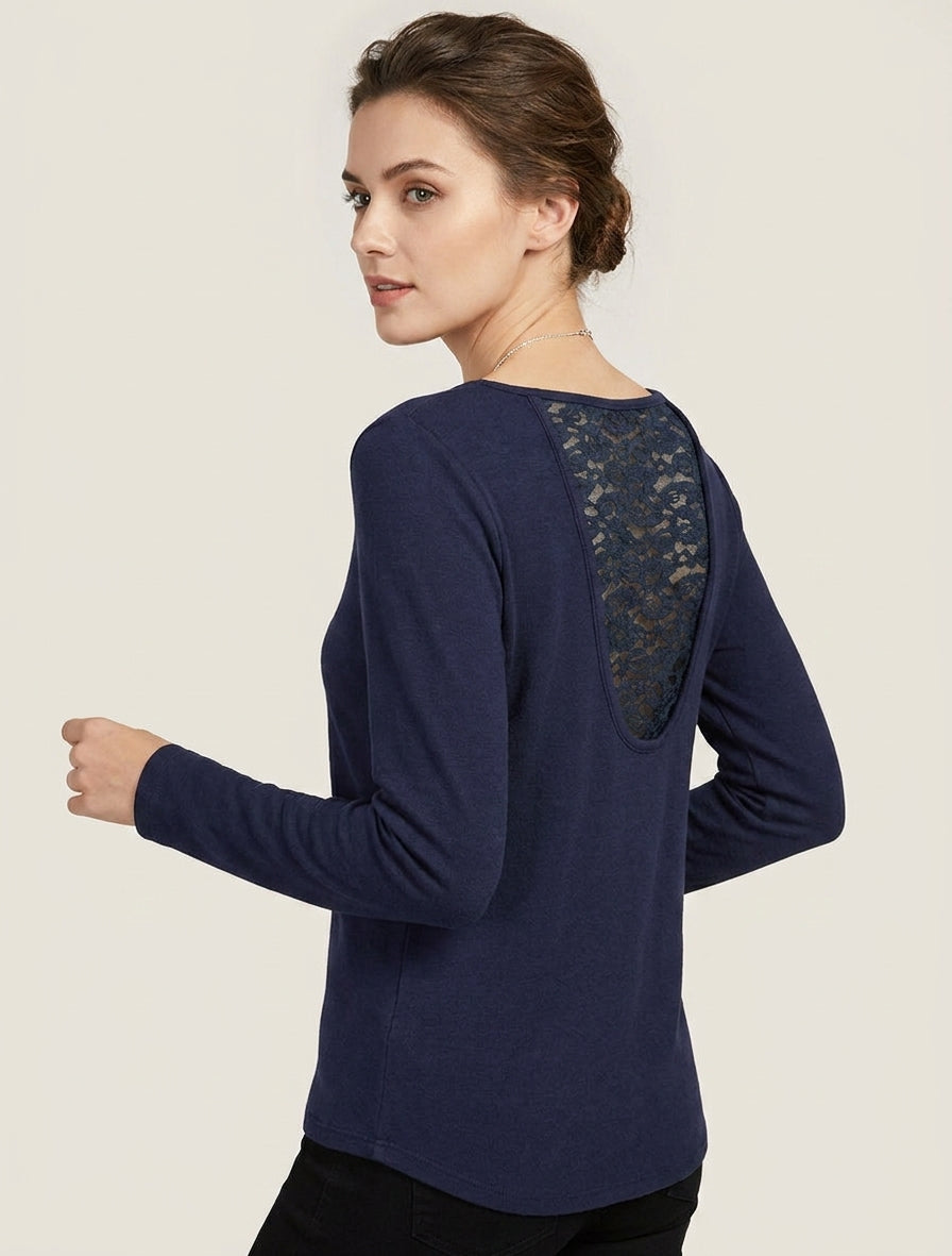 Gerade geschnittener Pullover mit Spitzenrücken - Marine