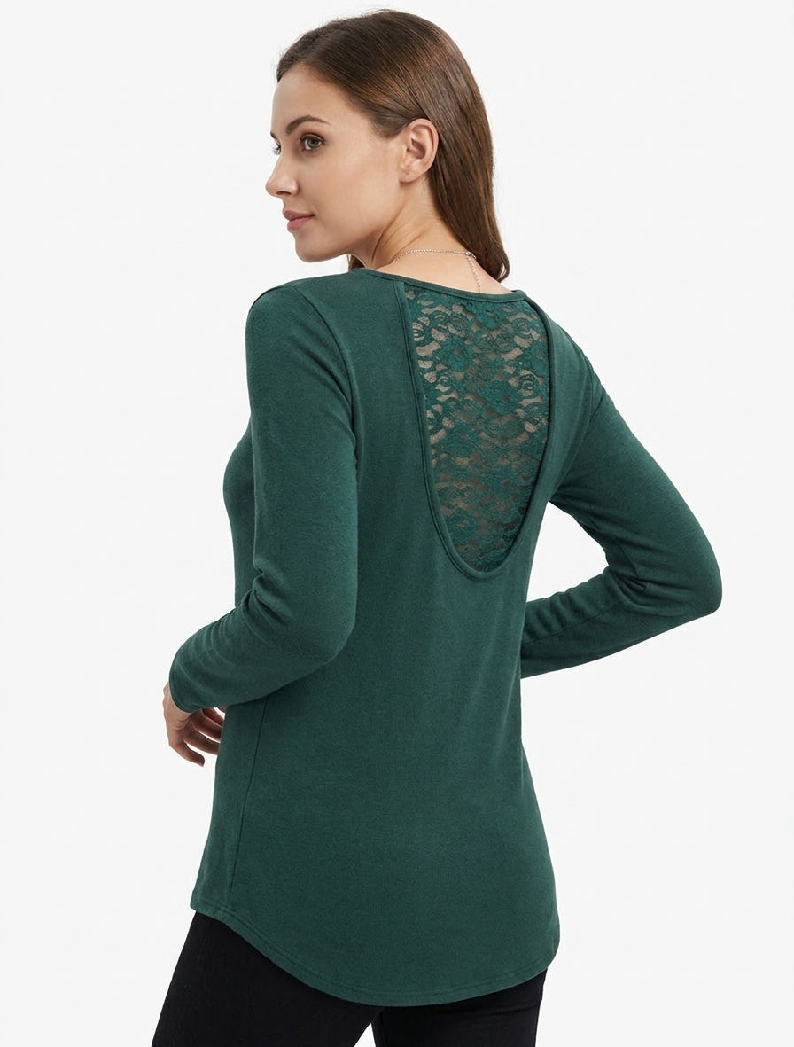 Gerader Schnitt Pullover mit Spitzenrücken - Dunkelgrün