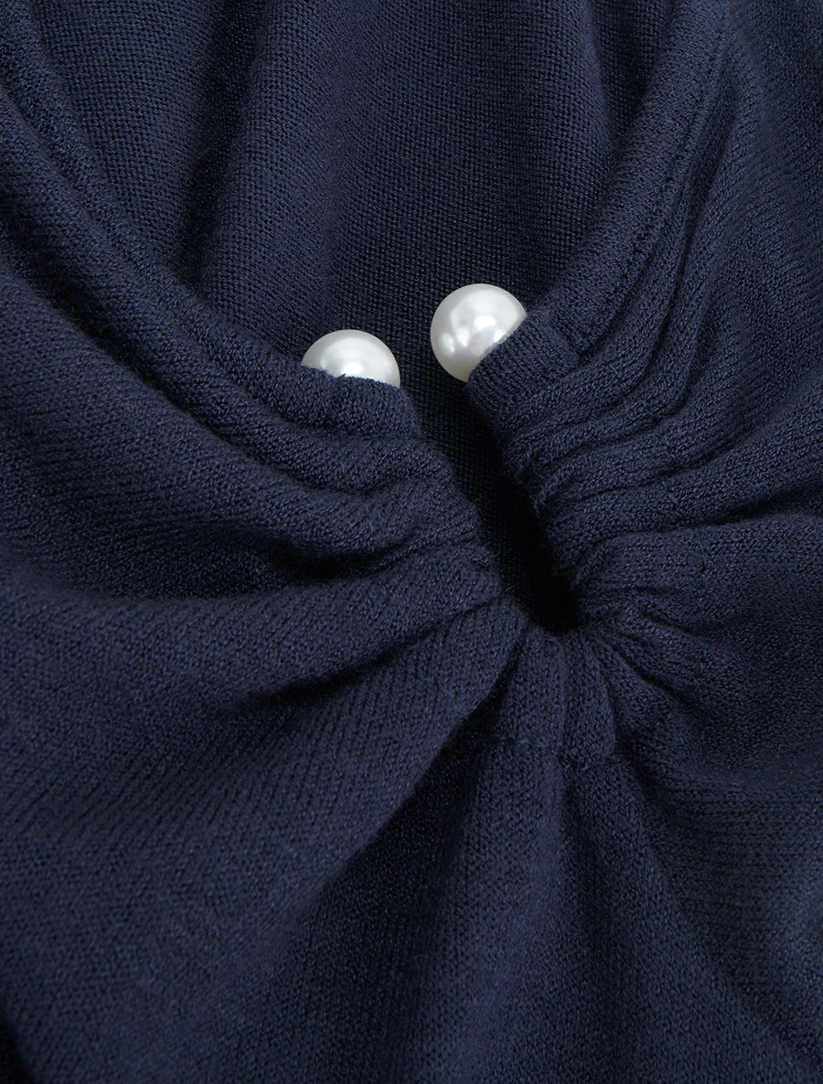 Pull fin droit à col carré à bijou perles - Marine - 3