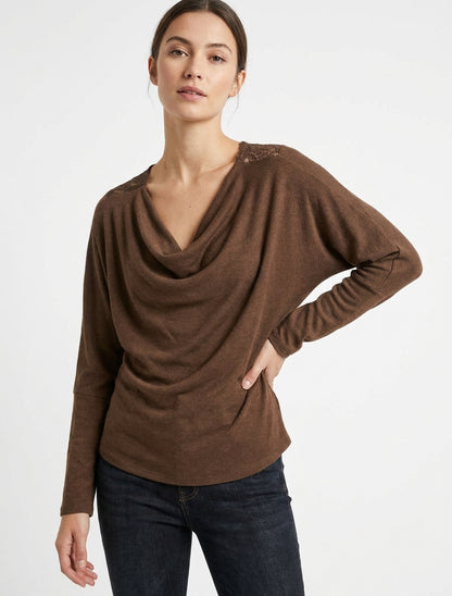 Pullover mit Wasserfallausschnitt und V-Rücken mit Spitze - Braun