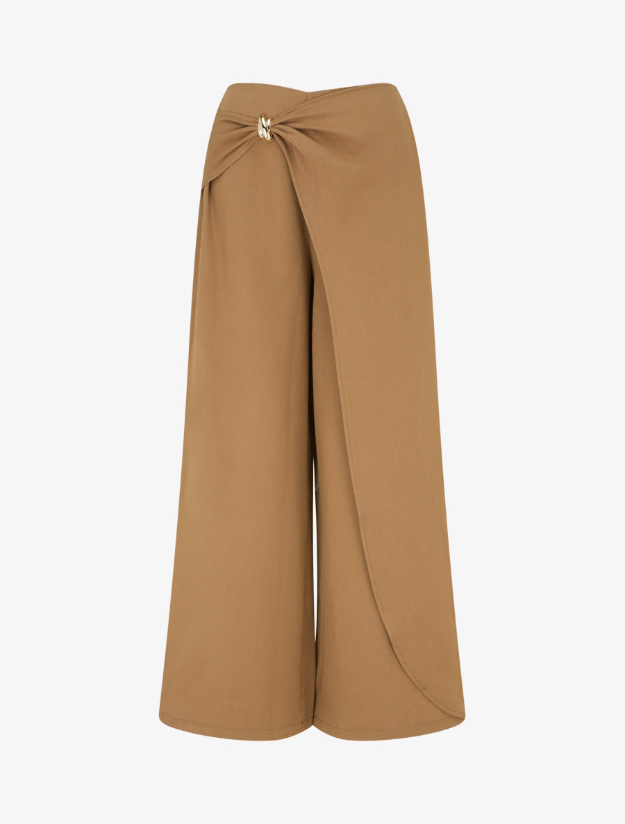 Pantalon ample à pan et bijou métallique - Camel - 1