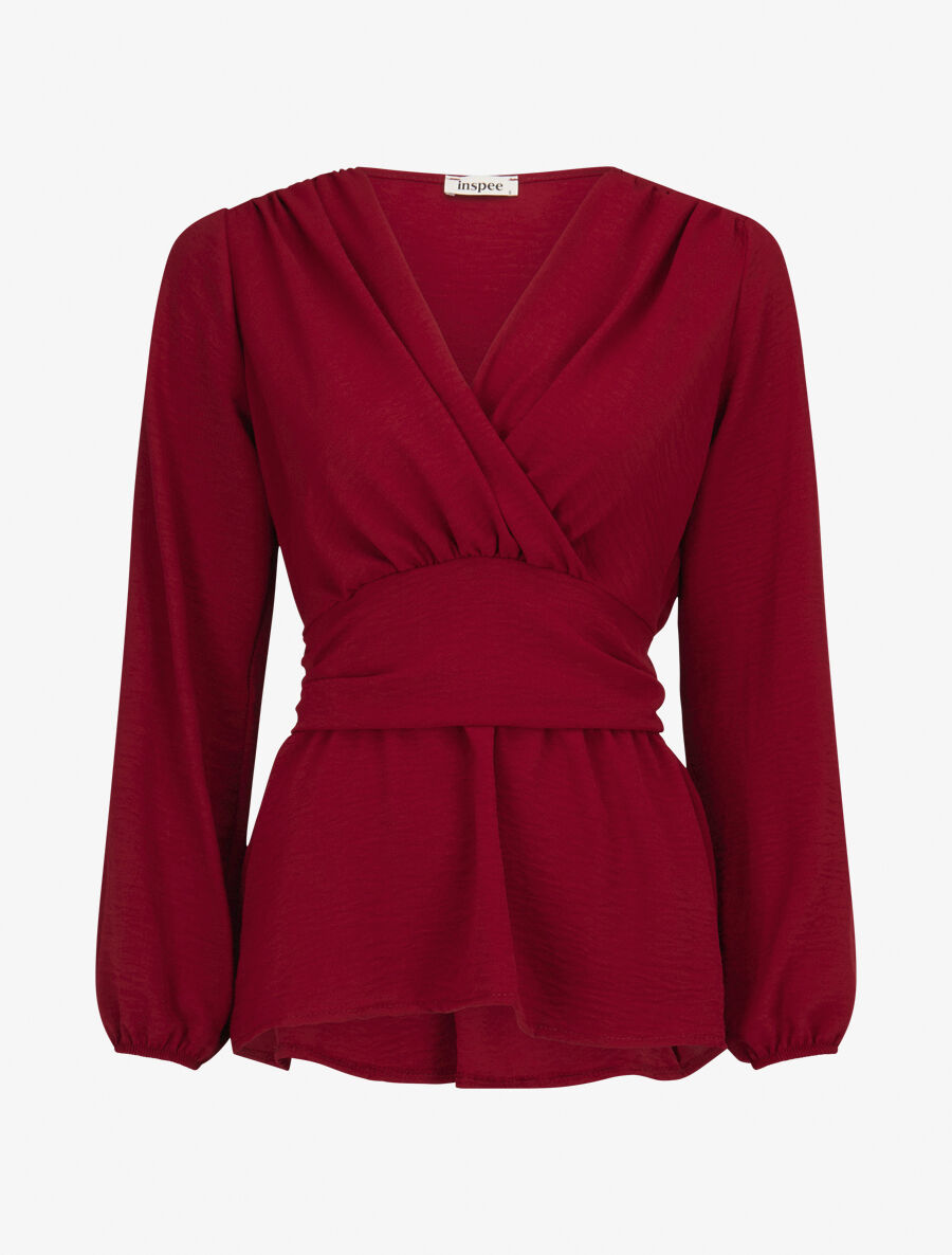 Blouse élastiquée à col V - Bordeaux - 5