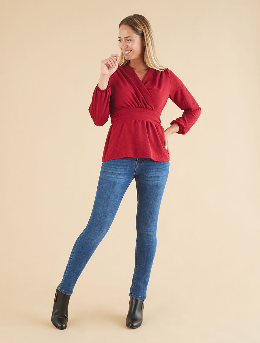 Blouse élastiquée à col V - Bordeaux - 4