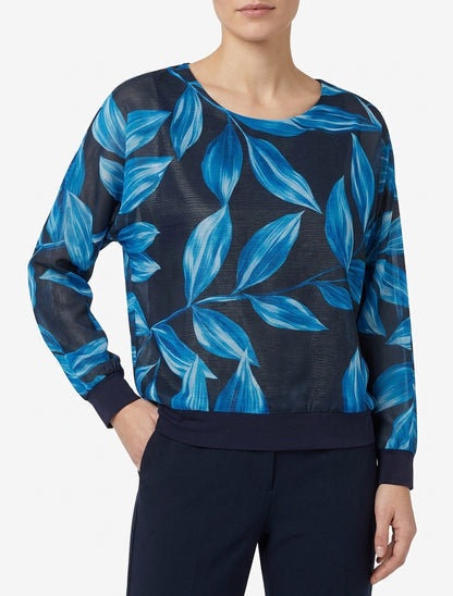 Bluse mit Blattmuster und schimmerndem Detail - Marine