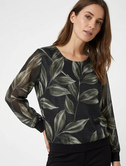 Bluse mit Blattmuster und schimmerndem Detail - Schwarz