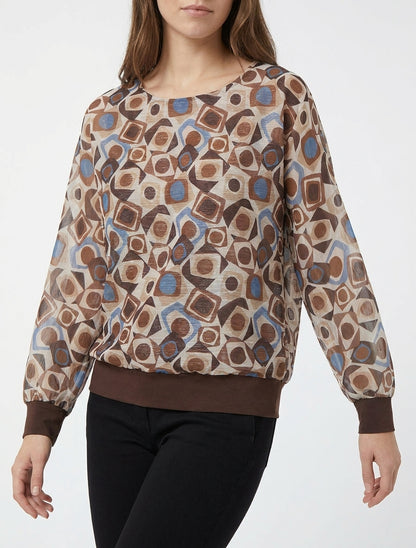 Retro bedruckte Bluse mit schimmerndem Detail - Braun