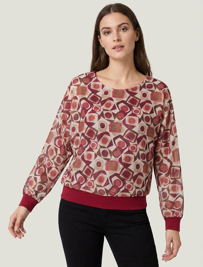 Retro bedruckte Bluse mit schimmerndem Detail - Bordeaux