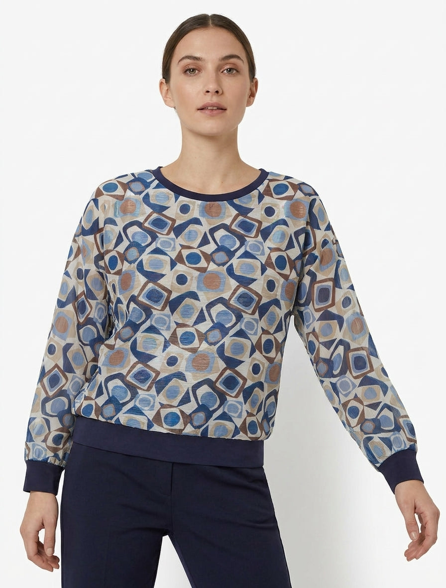 Retro bedruckte Bluse mit schimmerndem Detail - Marine