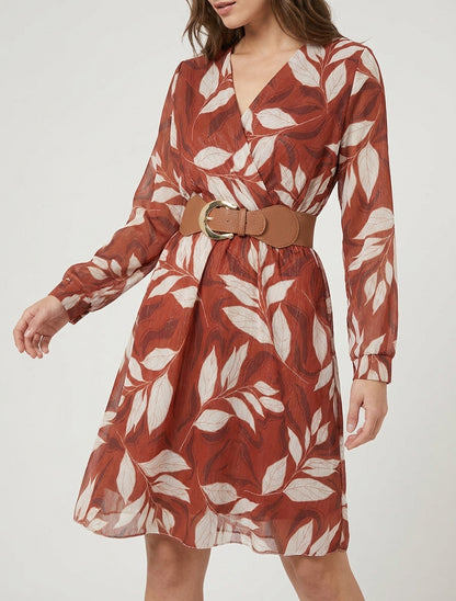 Irisierendes Kleid mit Blattdruck - Rost