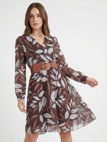 Irisierendes Kleid mit Blattdruck - Braun