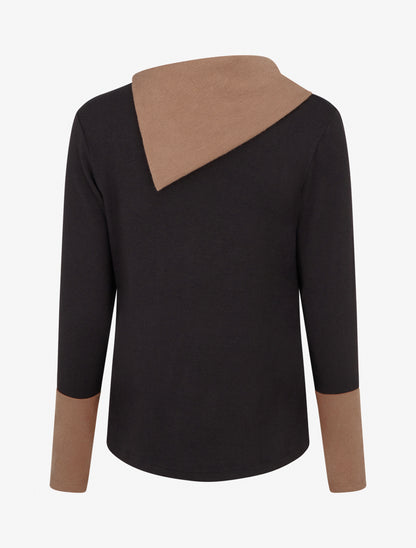 Pull fin bicolore à col drapé asymétrique - Noir/camel - 2