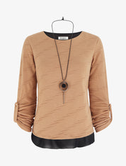 Pull texturé à col rond et doublure apparente - Camel - 1