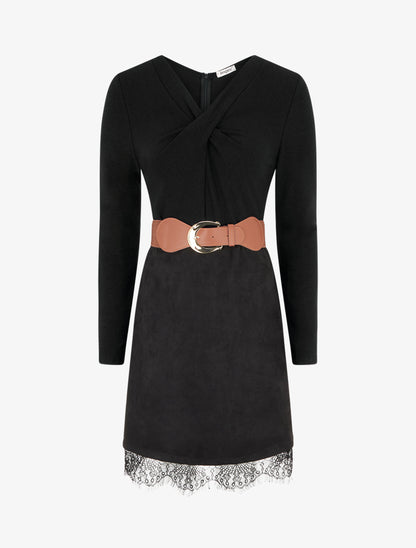 Robe droite en maille et suédine à bords en dentelle - Noir - 1