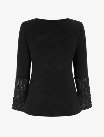 Pull droit à col et manches en dentelle - Noir - 2