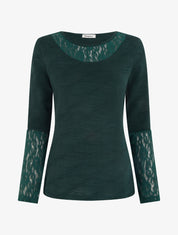 Pull droit à col et manches en dentelle - Vert foncé - 1
