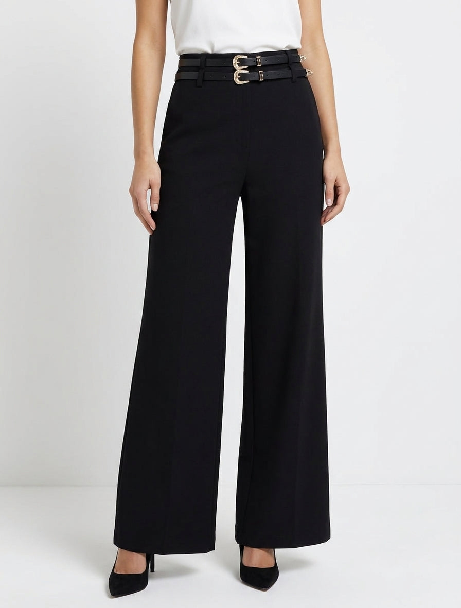 Weite Hose mit hoher Taille und doppeltem Gürtel - Schwarz