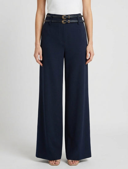Weite Hose mit hoher Taille und doppeltem Gürtel - Marine