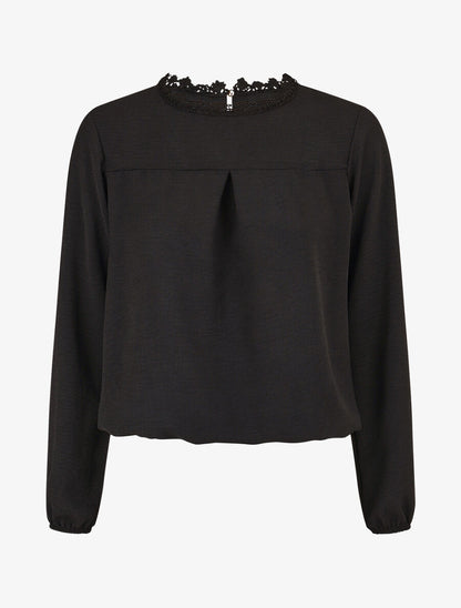 Top uni à col dentelle - Noir - 4