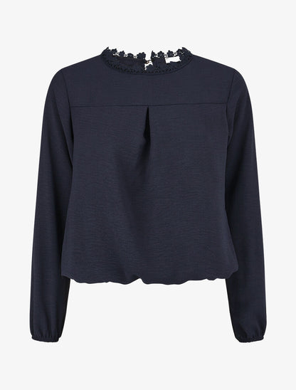 Top uni à col dentelle - Marine - 4
