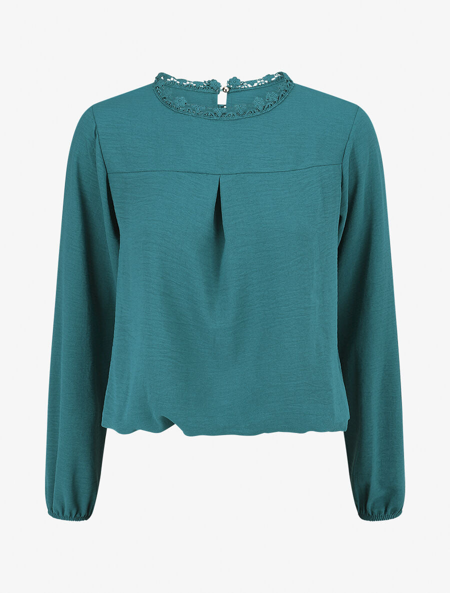 Top uni à col dentelle - Bleu lagon - 1