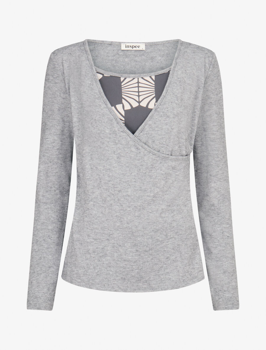 Pull fin à empiècement imprimé marguerites stylisées - Gris - 1