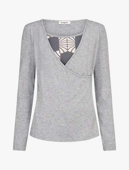 Pull fin à empiècement imprimé marguerites stylisées - Gris - 1